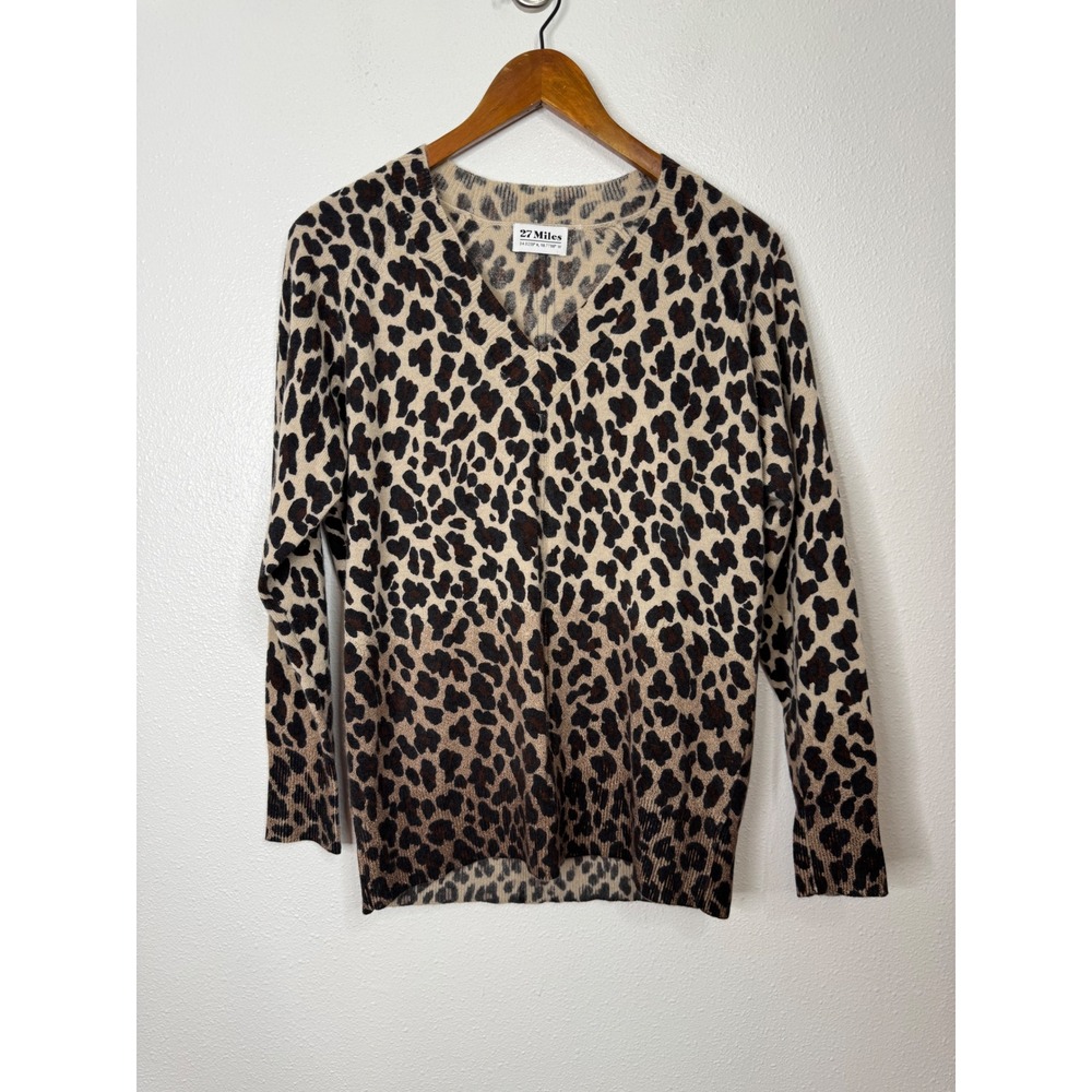 27‎ Miles Leopard Print Cashmere V-Neck Sweater Size Small